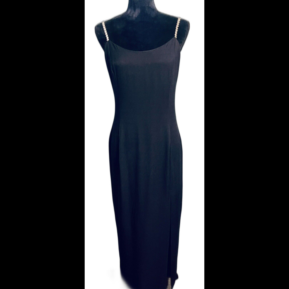 Vtg Jessica McClintock Sz13/14 Black Long Formal Gown Jeweled Spaghetti Straps